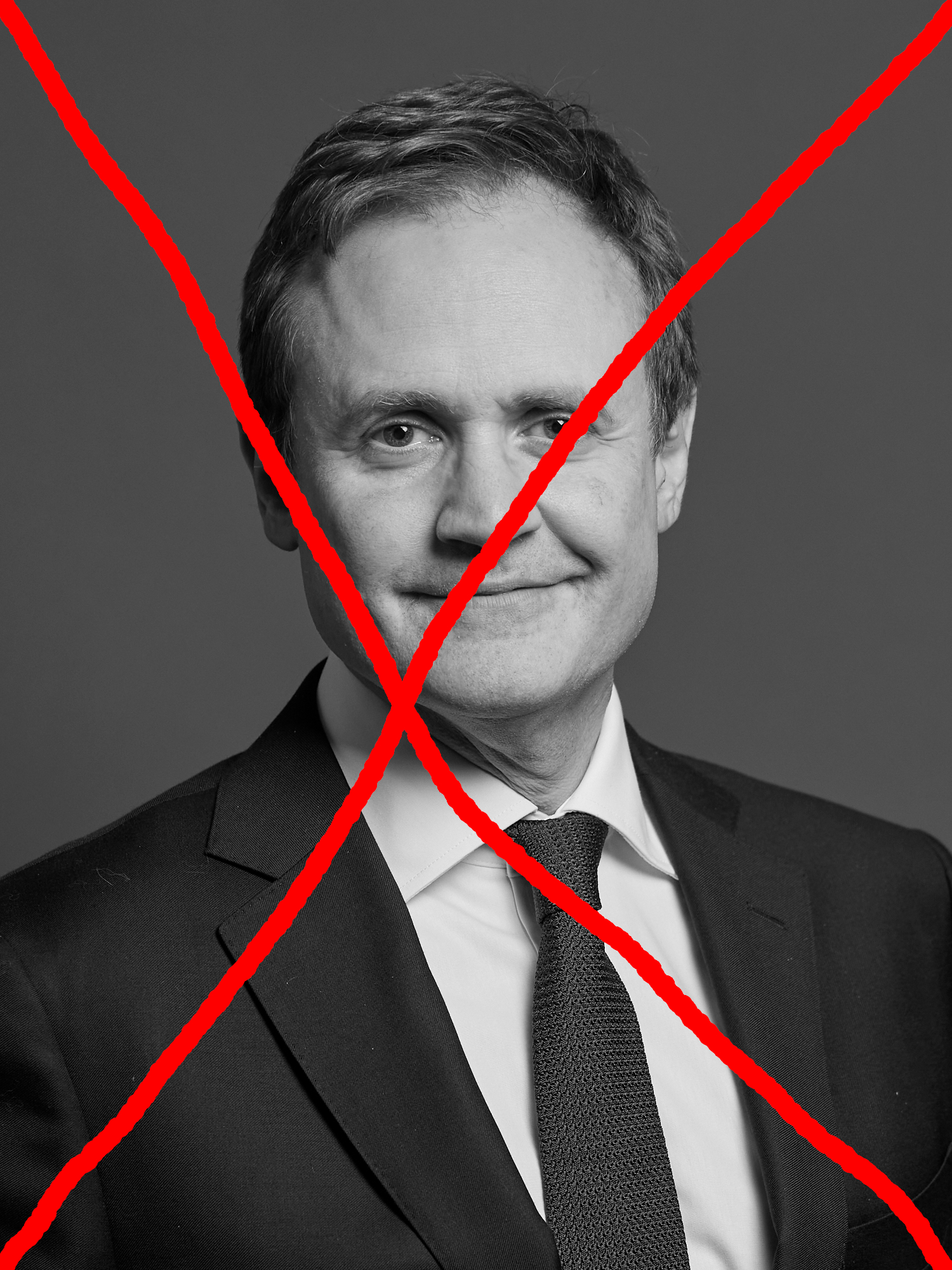 Tom Tugendhat's official parliamentary portrait rendered monochrome & crossed out with a hand-drawn red X.